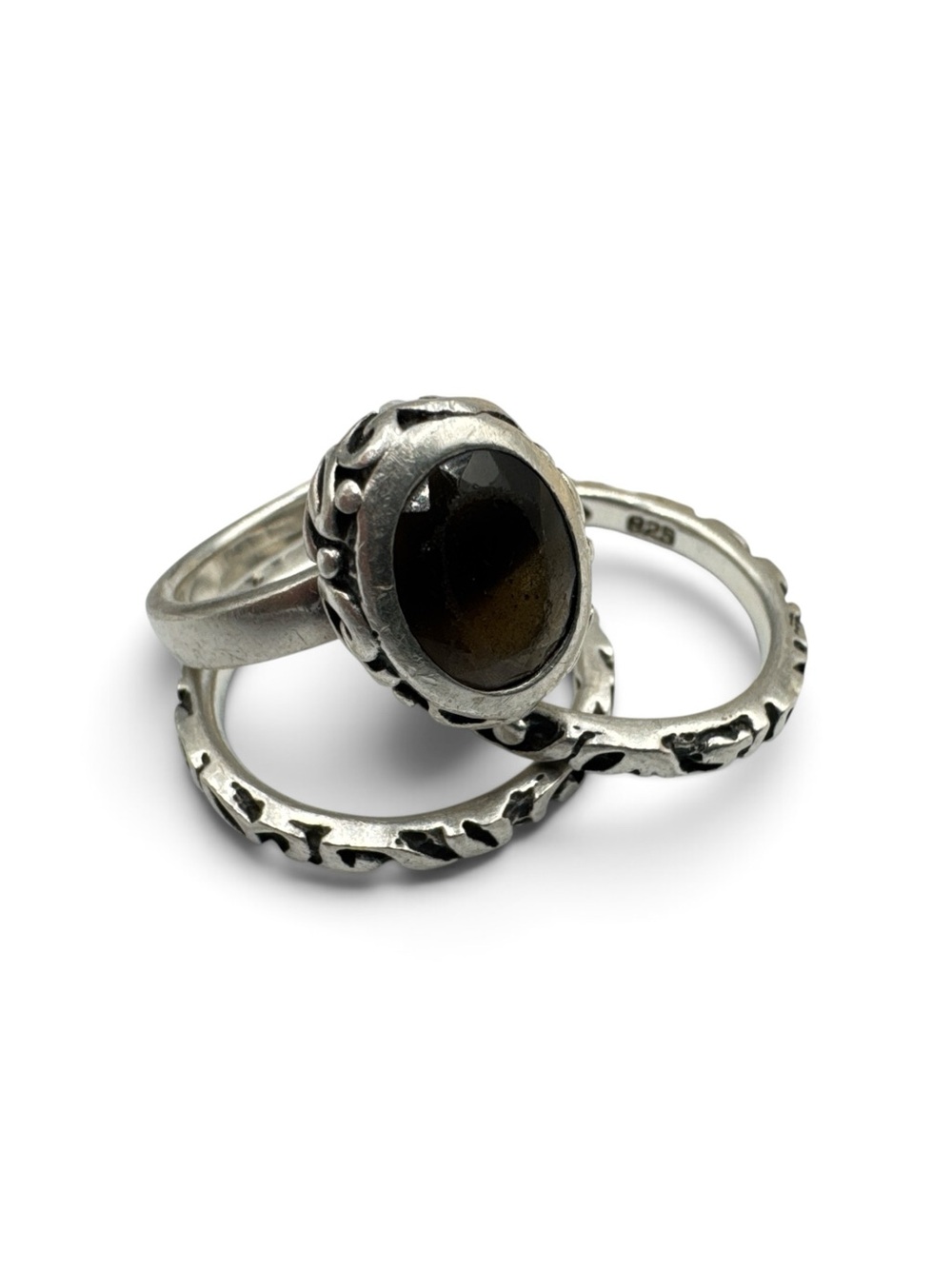 Vintage Silpada R1384 Sterling Silver Smoky Quartz 3 Ring Stack Set Size 8